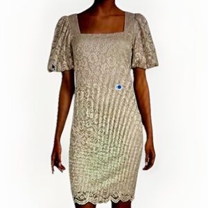 Jessica Howard 16 Glittered Sparkly Tan Lace Short Sheath Balloon Sleeve Dress
